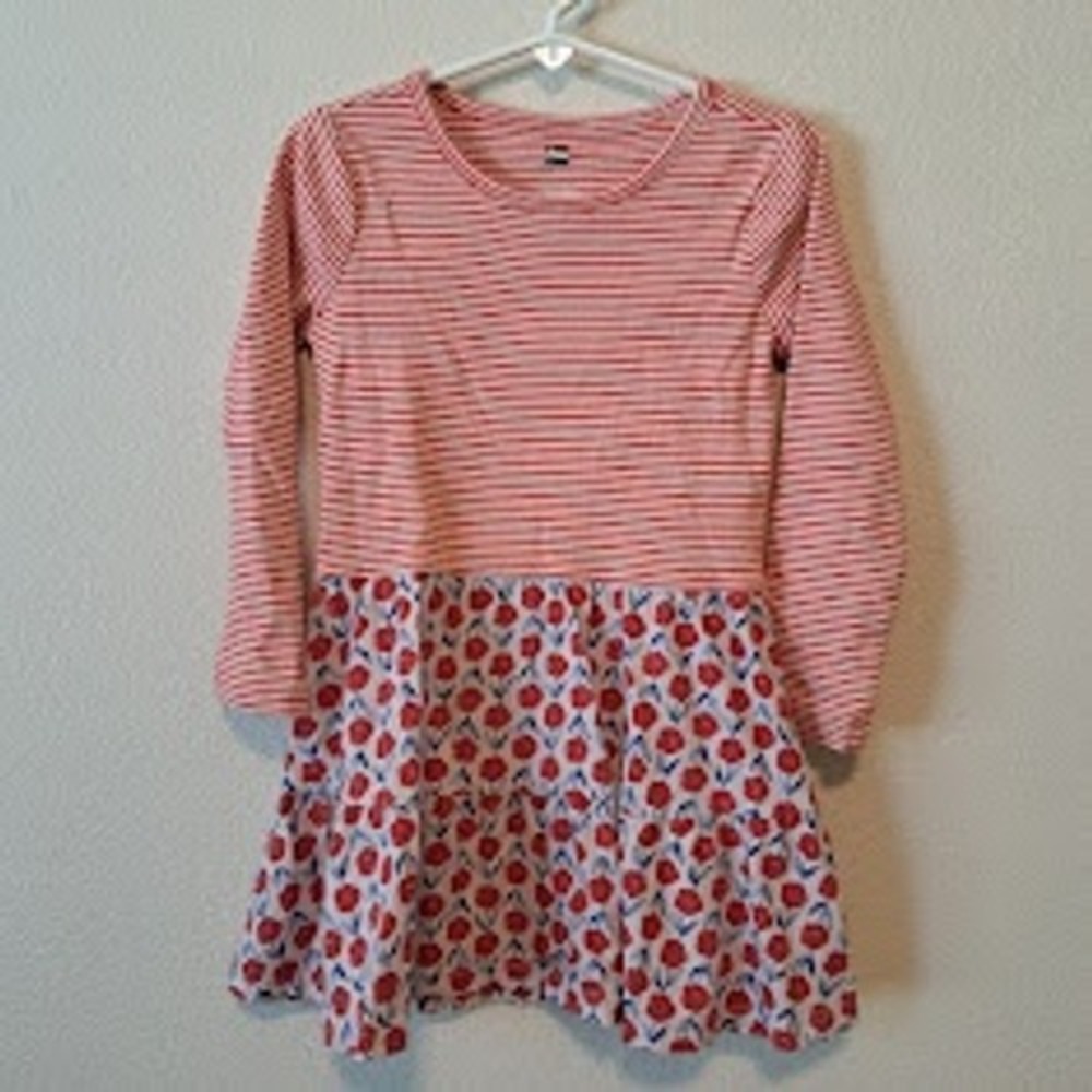 Tea Collection Girls Red White Striped Floral Tiered Long Sleeve Dress Size 4